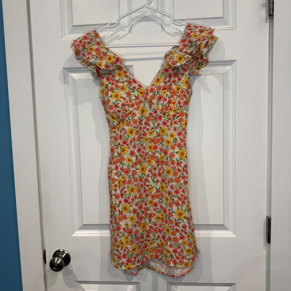 Altar'd State Mini Dress Pink Yellow Floral Tie Back Ruffle Size XS - Picture 2 of 9